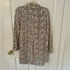 Silky Tie-Neck Long Sleeve Dress - Cream with Black Print